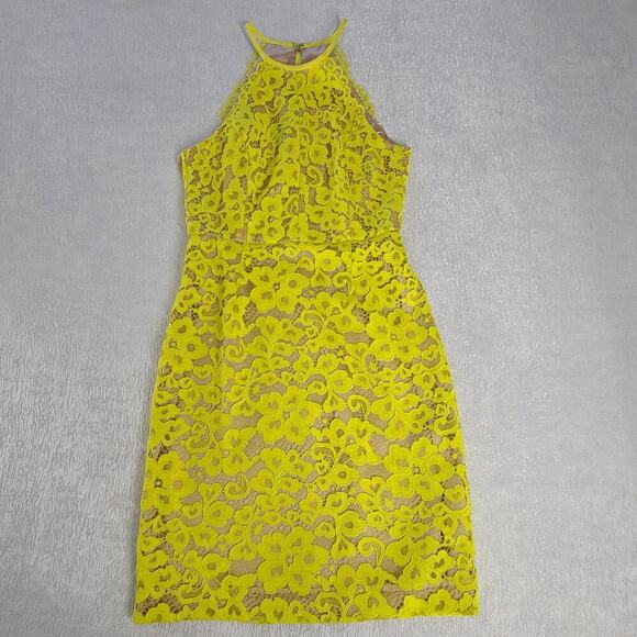 Trina Turk women's lace Neon yellow halter dress Size 4 Silk Garden Party Career - Picture 6 of 10
